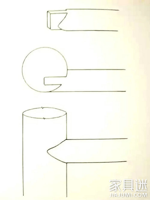 圆材丁字形接合(横材细、竖材粗、外皮交圈、榫卯用蛤蟆肩)