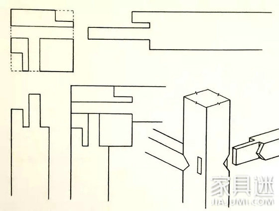方材丁字形接合(两根横枨与直足相交、大格肩、虚肩、两枨出榫格角相抵)